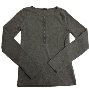Zara Top Women Small Gray Henley Ribbed Long Sleeve Casual Basics